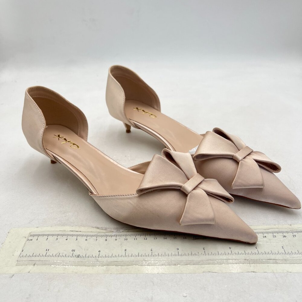XYD Champagne D'Orsay Kitten Heel Bridal Bowknot Pumps Elegant Pointed Toe Shoes - Picture 4 of 8